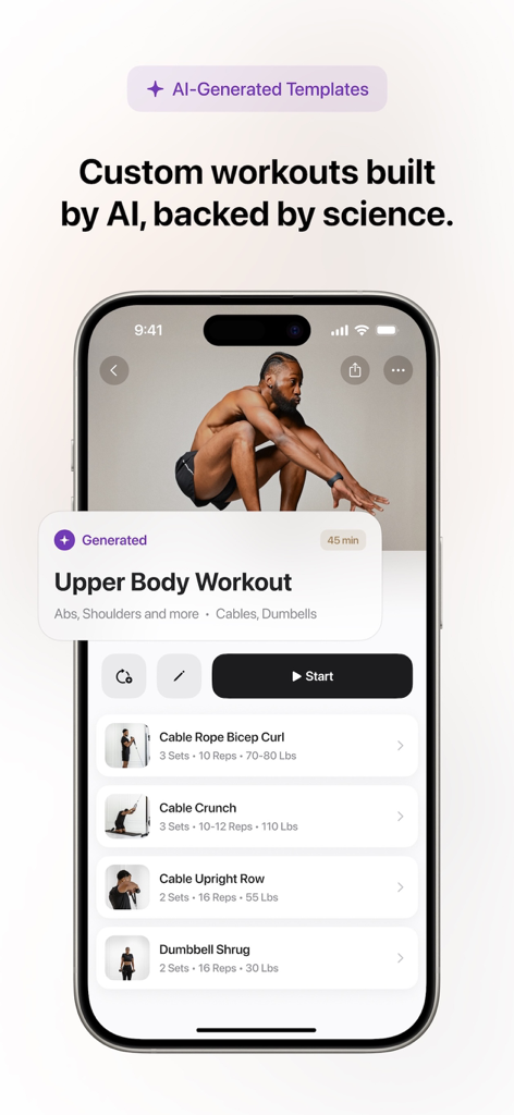 A smartphone displaying the Motra app's AI-generated upper body workout plan featuring exercises like bicep curls and cable crunches