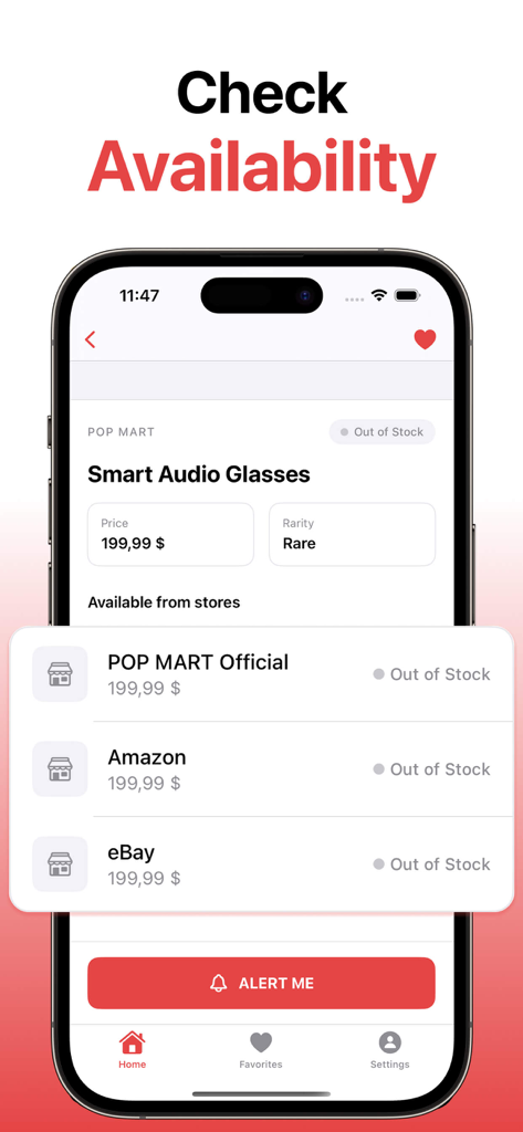 In Stock Alert - Smartphone screen showing product availability status across multiple retailers with an alert button.