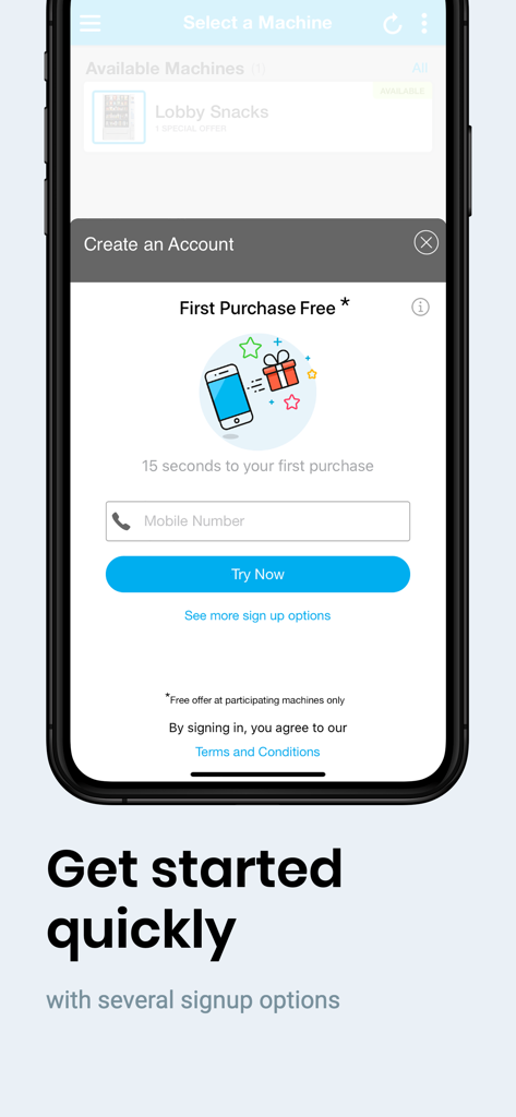 PayRange - PayRange App-Registrierungsseite mit einer Aktion für den ersten kostenlosen Einkauf
