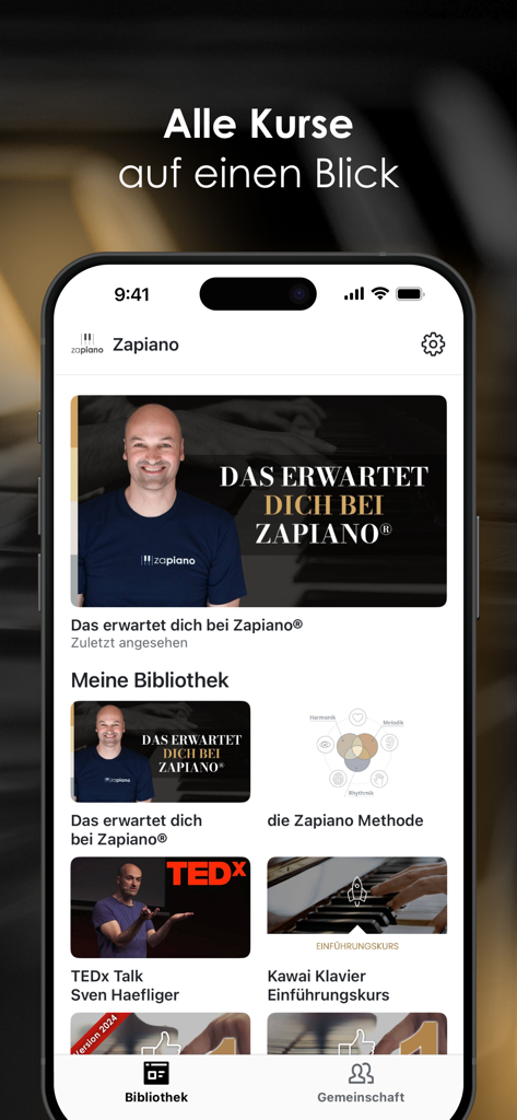 A smartphone screen displaying the Zapiano app library with multiple piano video courses.