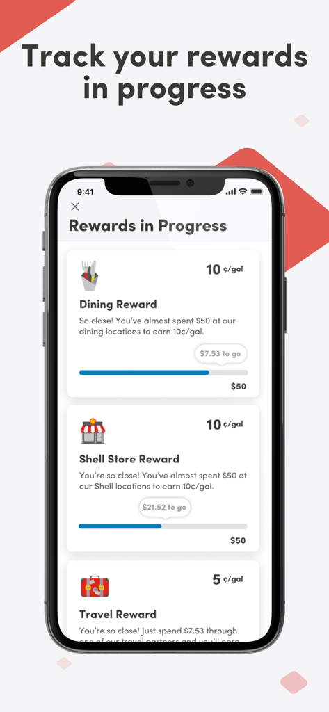 Fuel Rewards® program - Pantalla de la aplicación Fuel Rewards mostrando barras de progreso para ganar descuentos en gasolina a través de comidas y compras.