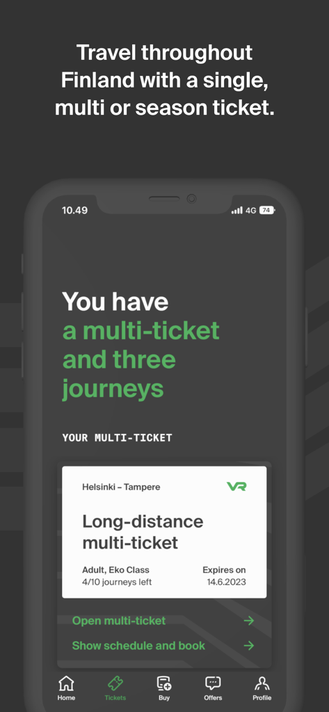 Die VR Matkalla App-Oberfläche zeigt ein Fernverkehrs-Mehrfahrten-Ticket für eine Zugreise von Helsinki nach Tampere an.