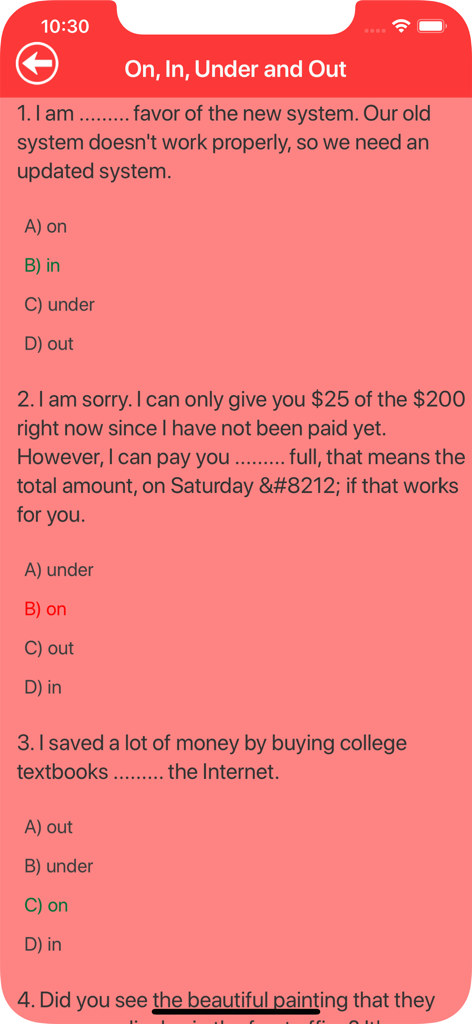 Advanced English Grammar - A quiz screen from the Advanced English Grammar app featuring multiple choice questions about prepositions.