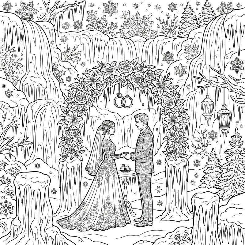 Celebrate love in a breathtaking winter setting with this unique frozen waterfalls wedding coloring page. Capture the magic of a romantic ceremony amidst icy cascades and sparkling snow.