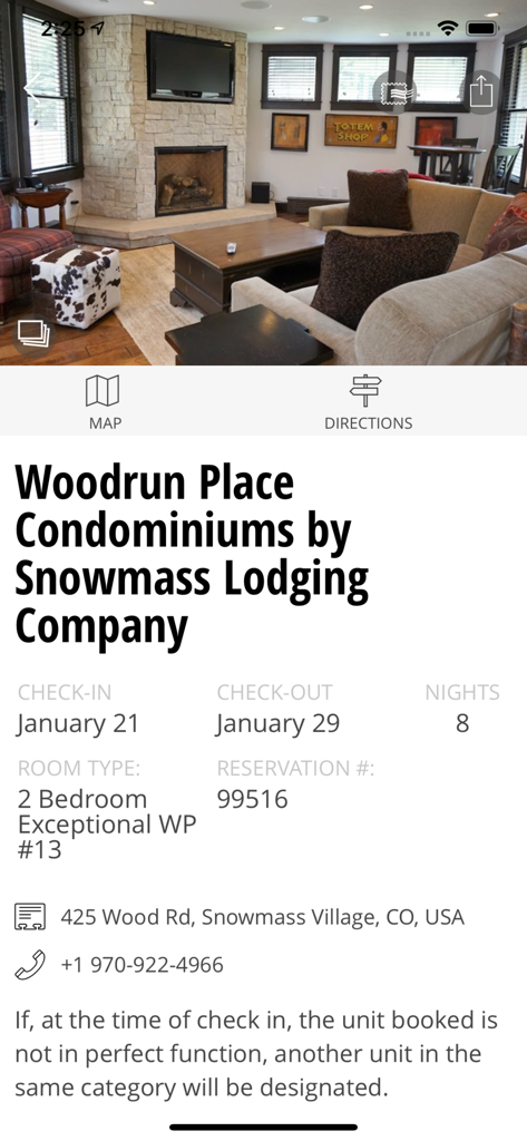 TTW Trips - Detalles de la reserva de alojamiento para una estancia de lujo en Woodrun Place Condominiums en Snowmass Village.