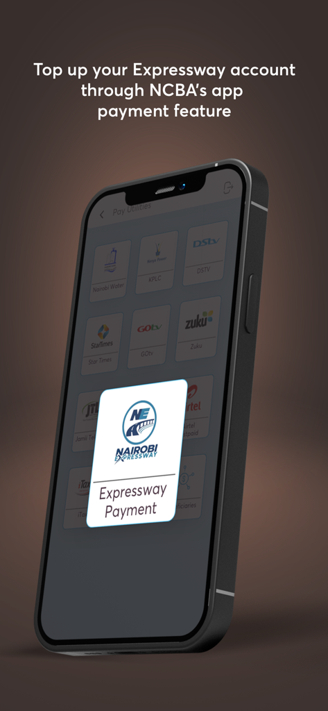 Interface do aplicativo NCBA NOW em um smartphone destacando o pagamento da Nairobi Expressway e o recurso de recarga de conta