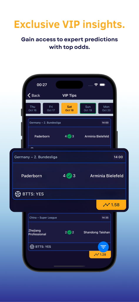 Betting Tips: AI Predictions - ベッティングのヒント AI VIPインサイトモバイルアプリのインターフェイス。オッズ付きの限定VIPサッカーベッティングヒントと専門家の予測を表示。