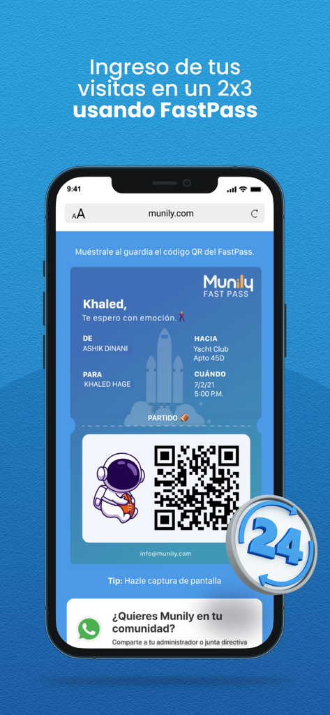 Munily app interface displaying a digital FastPass with a QR code for quick visitor access to gated communities