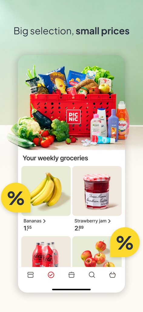 Picnic app interface showing a red grocery crate filled with products and a weekly groceries section with fresh fruit and discount icons.