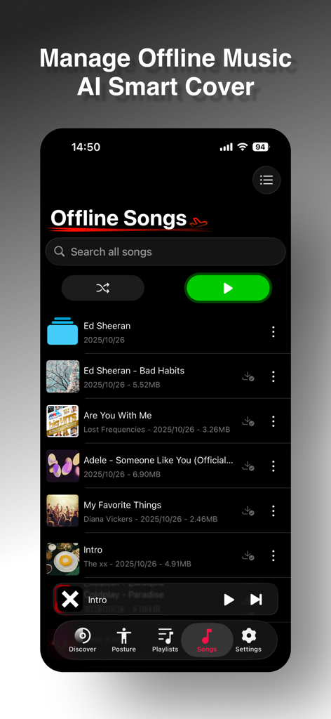 PoseMusic-Offline Music Player - Interface of the PoseMusic app showing a list of offline songs and playback controls in dark mode