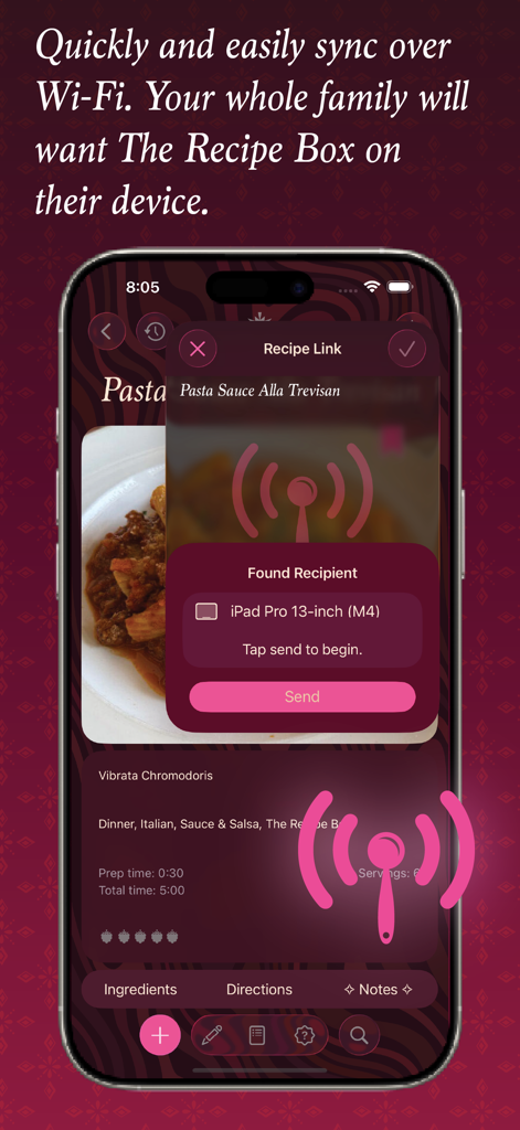 Una interfaz de aplicación móvil que muestra la función Enlace de Recetas para sincronizar una receta de pasta por Wi-Fi a un iPad.