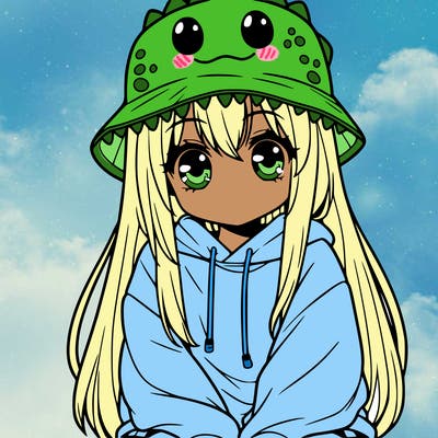 girl with anime shaped eyes with a dinosaur bucket hat oversized sweatshirt long straight hair