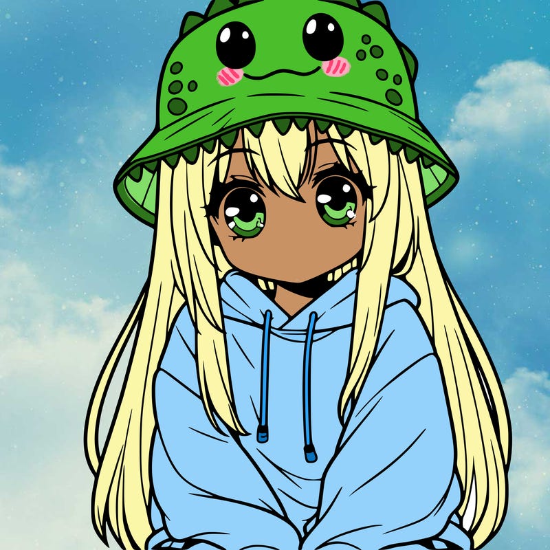 girl with anime shaped eyes with a dinosaur bucket hat oversized sweatshirt long straight hair
