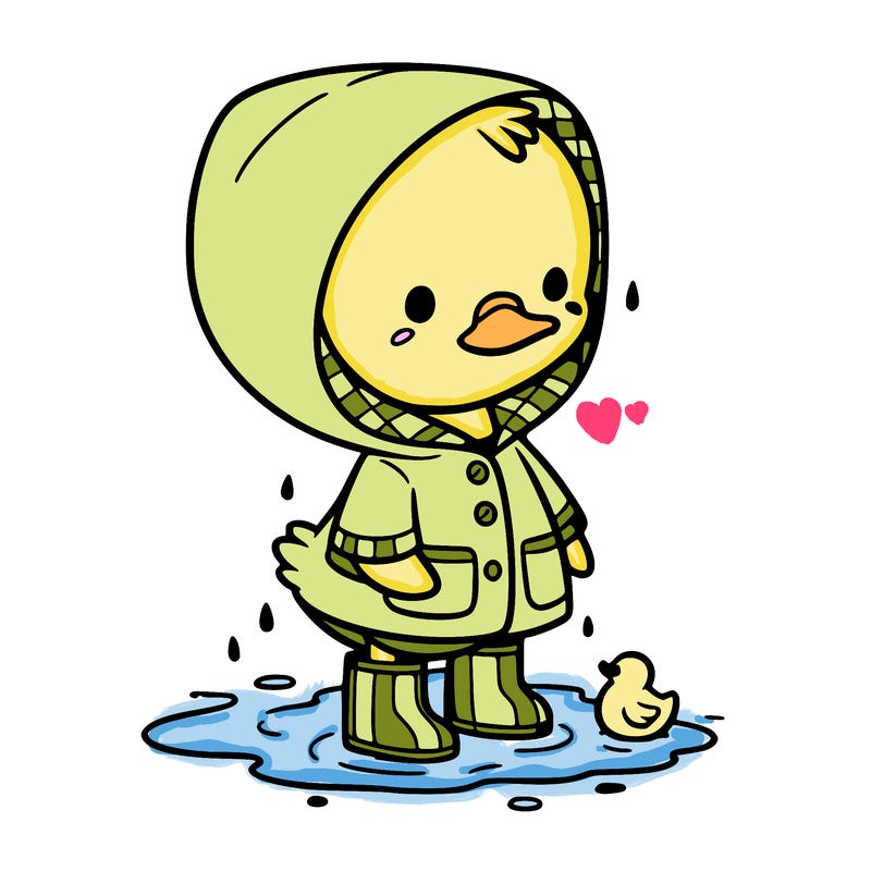 baby duck in a rain coat and boots, in a puddle while it’s raining