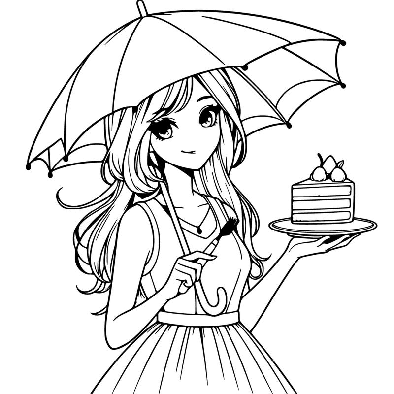 realistic girl holding a umbrella in one hand and a slice of cake in the other hand