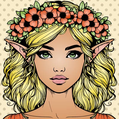 realistic female elf with flower crown