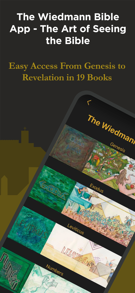 Écran de l'application Bible Wiedmann montrant des illustrations peintes à la main pour les livres de la Genèse et de l'Exode