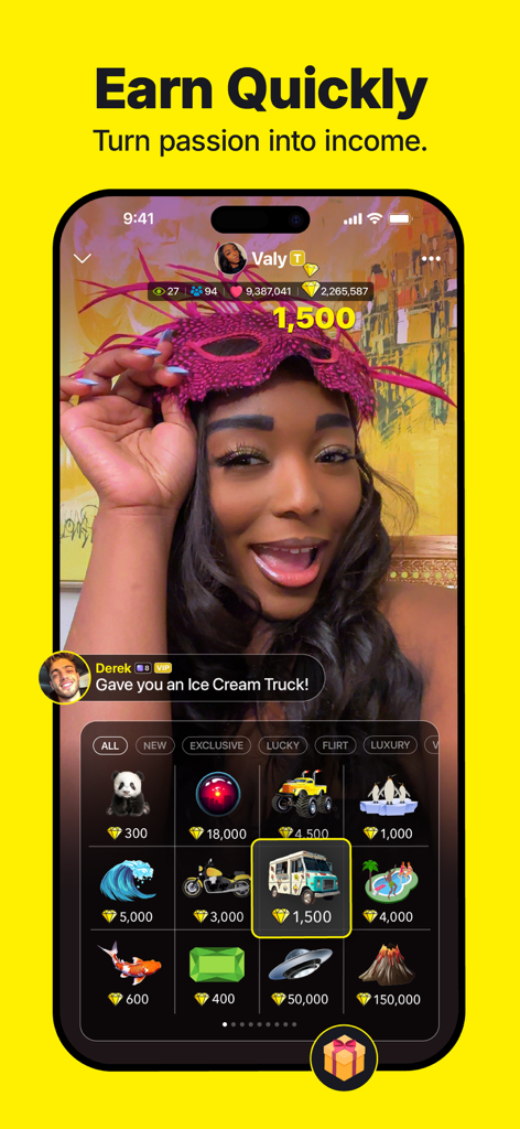 C2 Live app screen showing a woman live streaming and receiving virtual gifts from fans