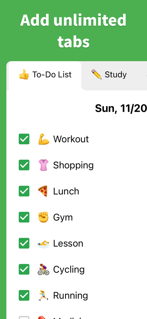 Screenshot of the Daily Checklist app showing the unlimited tabs feature with categories for study and personal tasks.
