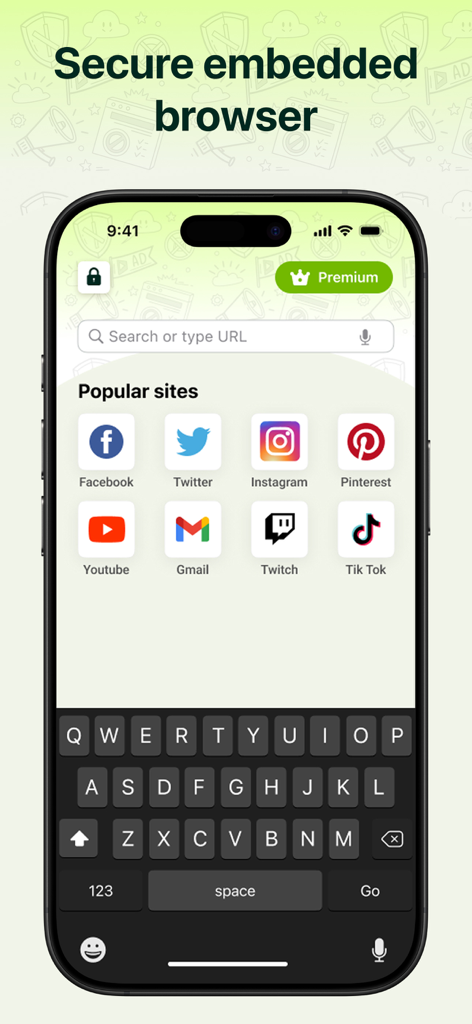 All Ads Blocker - Anti SPAM - Secure embedded browser interface showing popular social media and video sites in the All Ads Blocker app