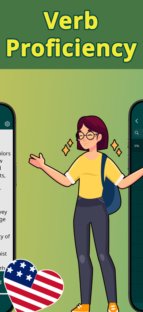 Speak English: Learn Verbs - Ilustración de un estudiante con el texto Verb Proficiency y un icono de corazón con la bandera de EE. UU. para una aplicación de gramática inglesa