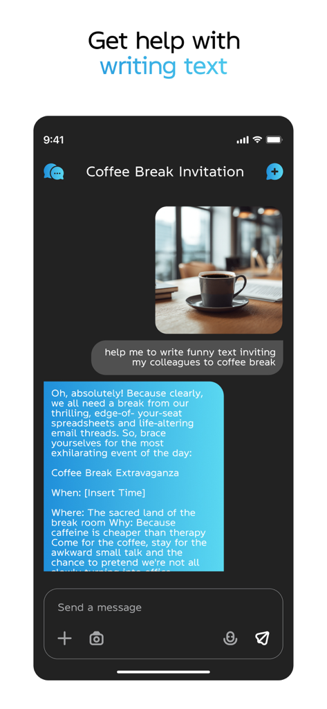 Interfaz de chatbot de IA que muestra un texto de invitación generado y una imagen de café para una pausa para el café.