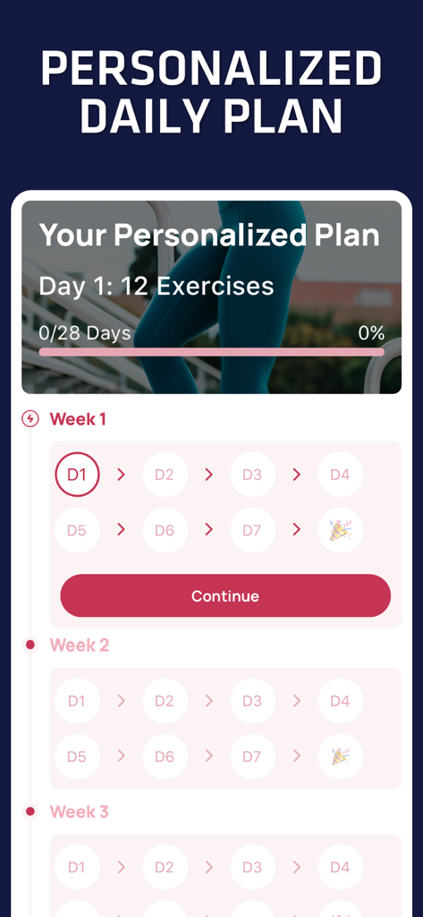 Interfaz de la app Rutina de Core y Abdominales para Mujeres mostrando un plan de fitness personalizado de 28 días.