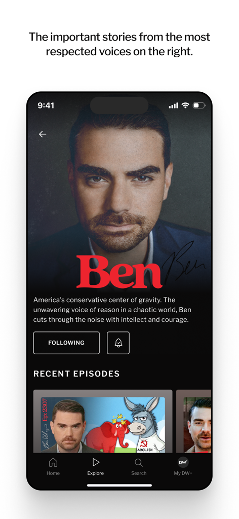 DailyWire+ - DailyWire plus app interface showing Ben Shapiro profile and recent episodes