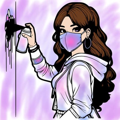 realistic girl with mask spray painting a wall