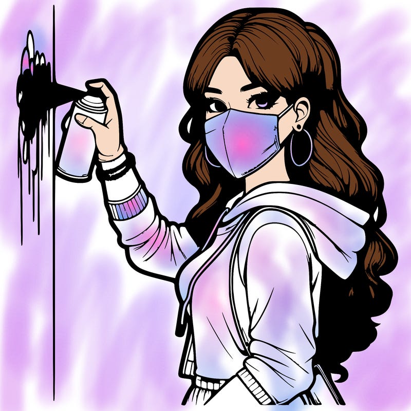 realistic girl with mask spray painting a wall