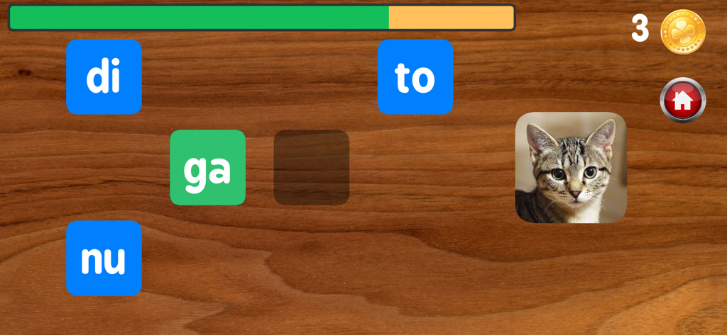 Juego de silabas para ninos formando la palabra gato con bloques de texto