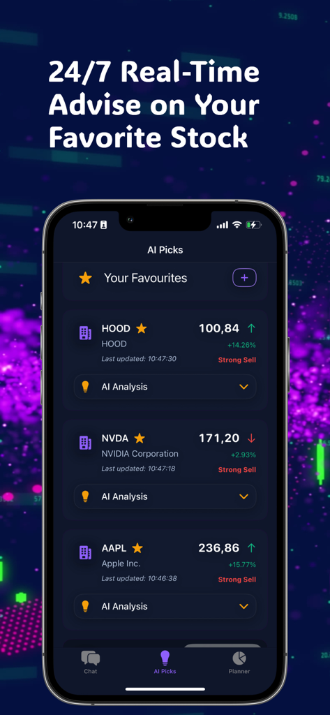 Advisory app dashboard showing real time AI stock picks and signals