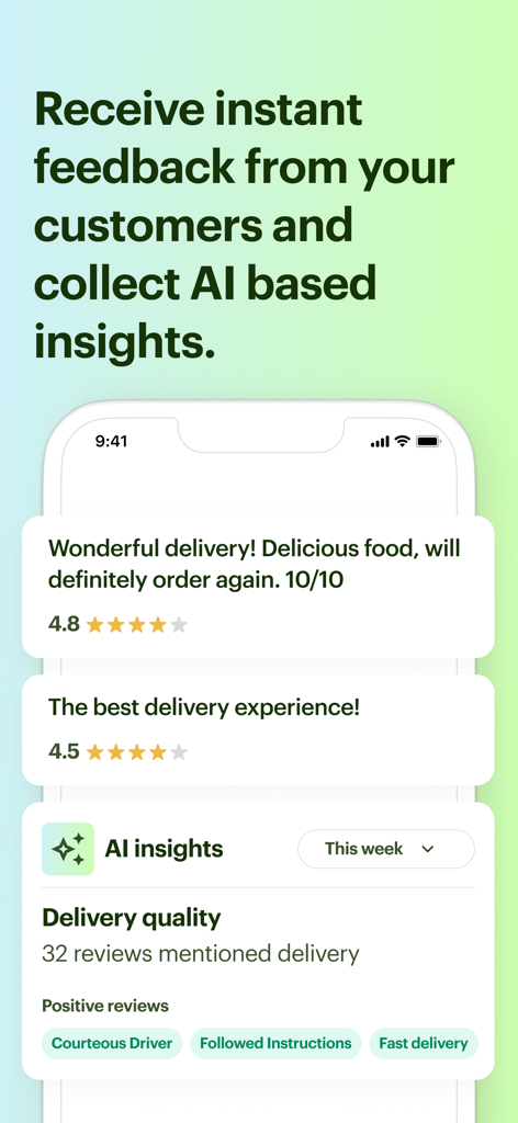 Shipday app interface displaying customer reviews and AI-powered delivery quality insights