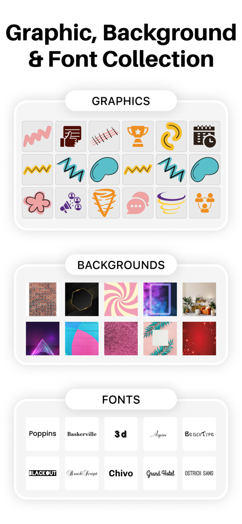 A collection of graphic icons backgrounds and font styles available in the Advertisement Maker app for small business marketing