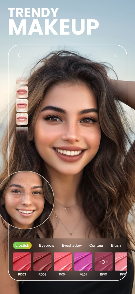 Eine junge Frau verwendet die virtuellen Make-up-Tools von BeautyPlus für ein trendiges Selfie mit Vorher-Nachher-Vergleich.