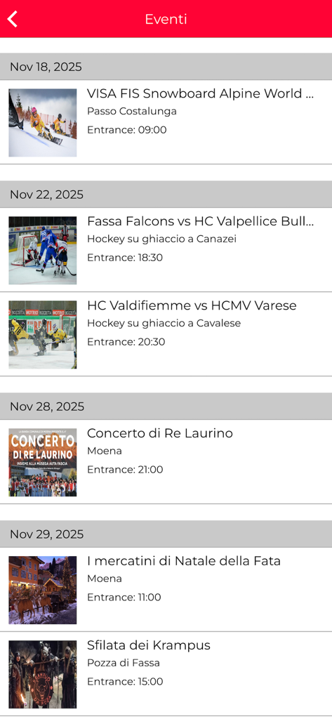 A calendar of local events in the Val di Fassa and Val di Fiemme including sports and winter activities