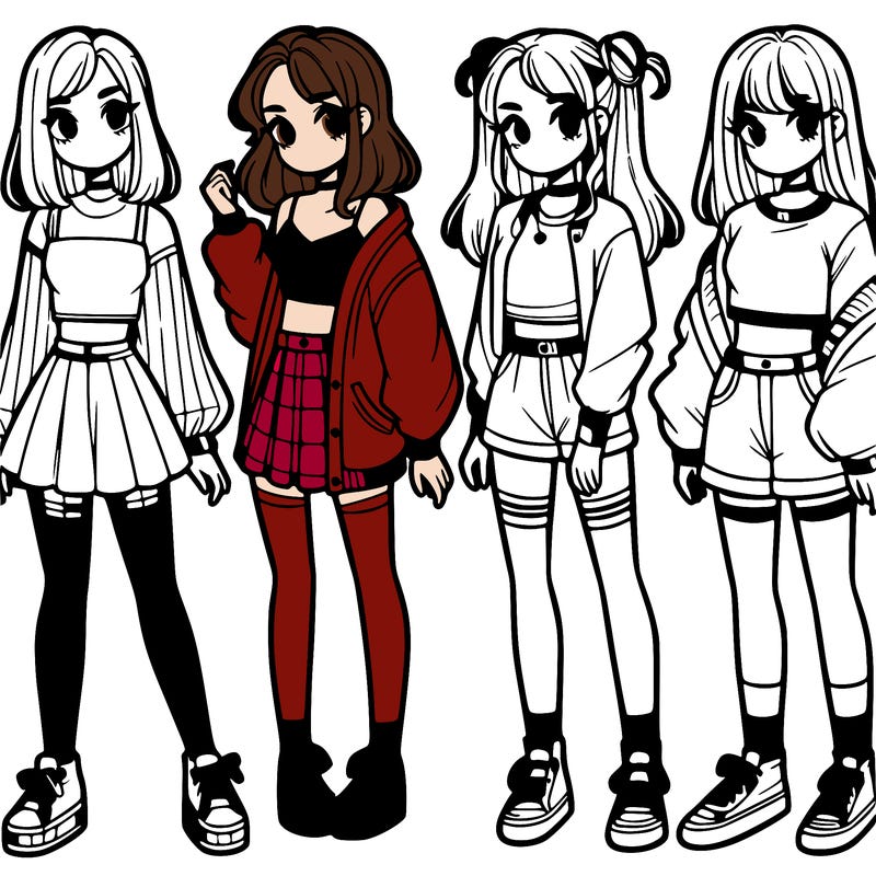 one girl with crop-top shirt and a jacket with a skirt, long socks and another girl with a shirt and pants with a jacket