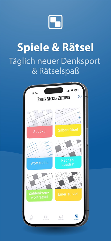 RNZ - Nachrichten - Pantalla de smartphone de la aplicación de noticias RNZ mostrando puzzles y juegos diarios como Sudoku