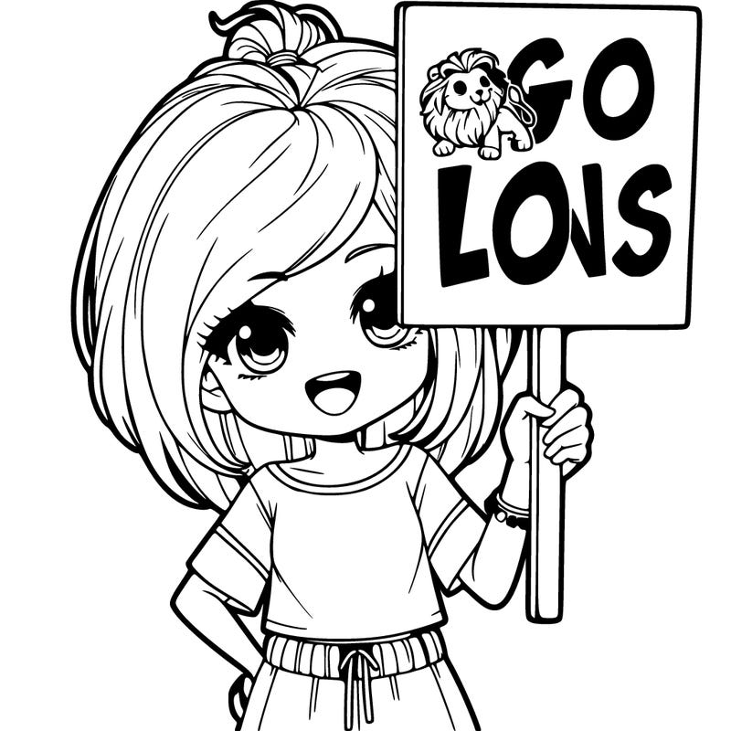 realistic girl holding a sign saying go lions!!
