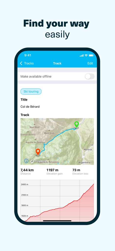 Whympr | Ski, Hike, Climb - Whympr app displaying a ski touring track with map distance and elevation profile