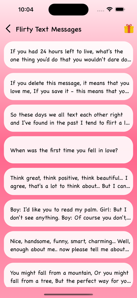 A list of flirty text messages displayed in a mobile application for romantic communication.