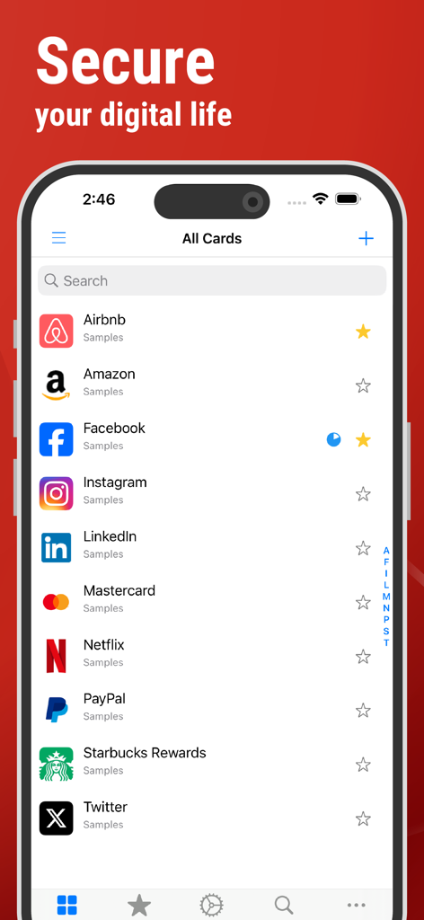 SafeInCloud 1 - SafeInCloud App-Oberfläche, die eine sichere Liste von Passwortkarten für verschiedene Konten auf einem iPhone anzeigt
