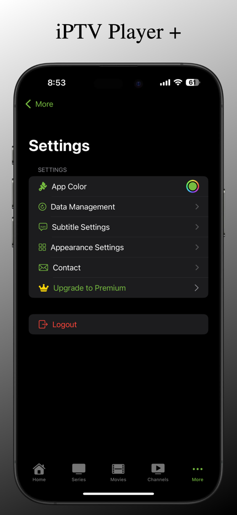 Das Einstellungsmenü von iPTV Player plus zeigt App-Anpassungs- und Untertiteloptionen im Dunkelmodus.
