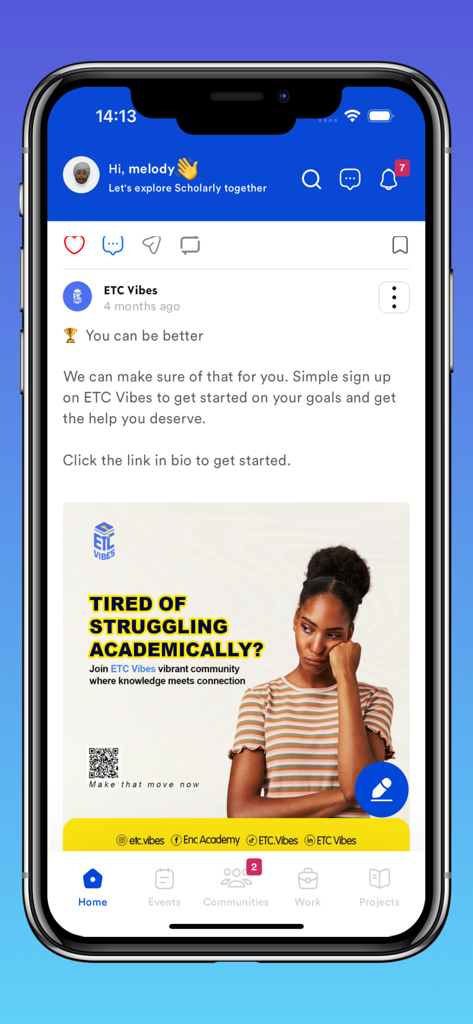 Scholarly: Earn as you grow - Mobile app screen showing a social networking feed with a post about an academic community and career growth opportunities