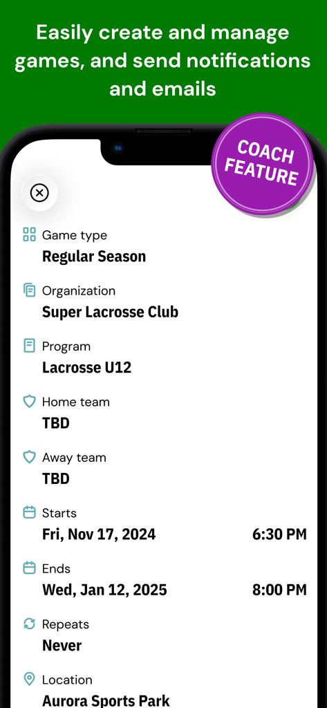 LeagueApps Play Mobile App Bildschirm für Trainer zur Erstellung und Verwaltung von Spielplänen und Details für Sportspiele