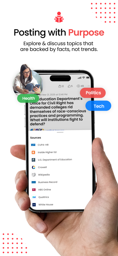 fseek - Smartphone showing fseek app interface with a news post and a list of verified credible sources.