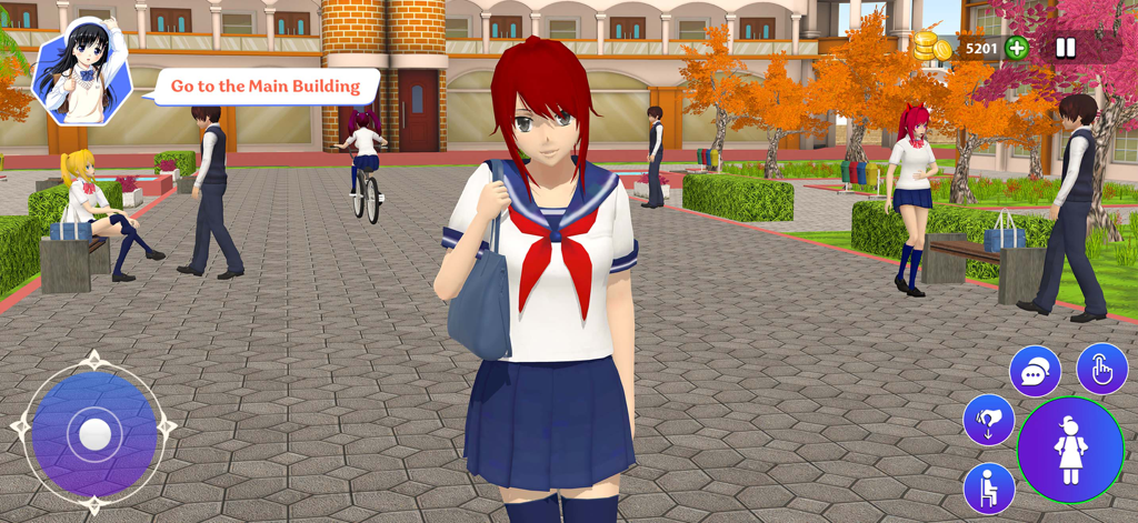 Anime Girl Life Simulator 3D - 다른 학생들과 가을 나무가 있는 캠퍼스 안뜰에 서 있는 교복을 입은 3D 애니메이션 소녀.