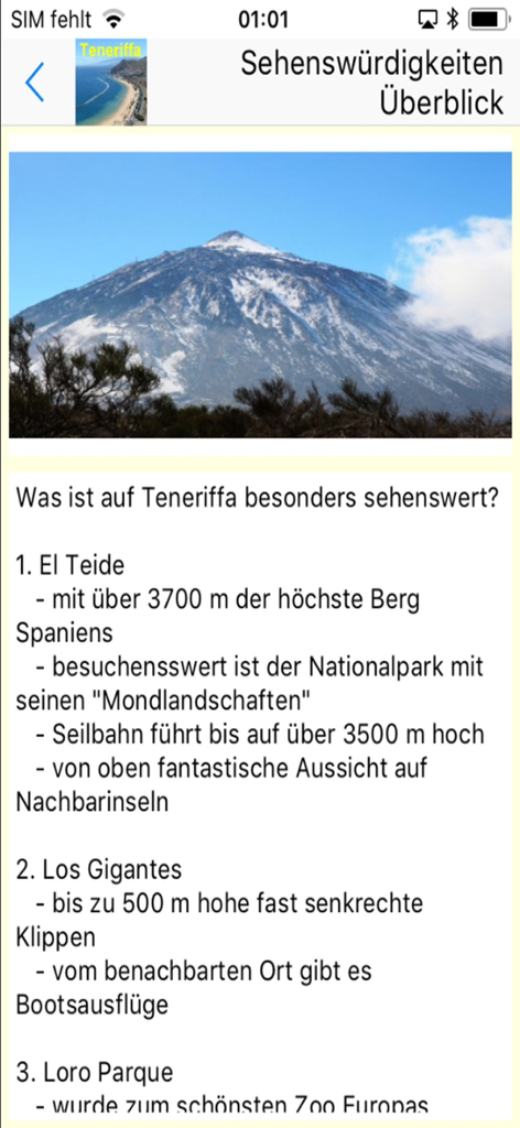 Teneriffa App für den Urlaub - A screenshot of the Tenerife travel app featuring a photo of Mount Teide and descriptions of popular tourist attractions in German.