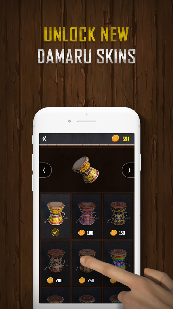 Damaru - Origin Of Music - Uma interface móvel exibindo várias opções de skins coloridas e estampadas para o instrumento de tambor Damaru virtual.