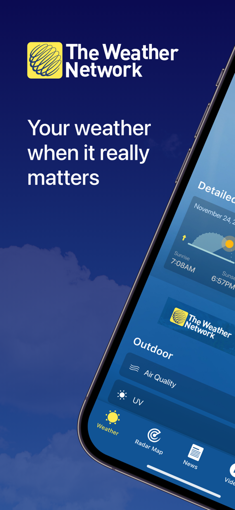 The Weather Network 앱의 상세 날씨 예보 및 야외 조건 표시 스마트폰 화면